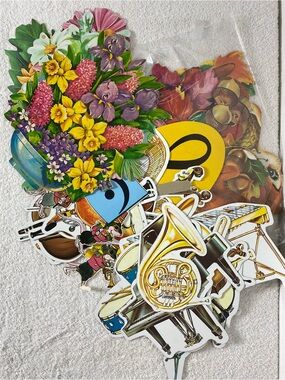Vintage Dennison Eureka Die Cut Lot 34 Pc Flowers Squirrels Musical Instruments